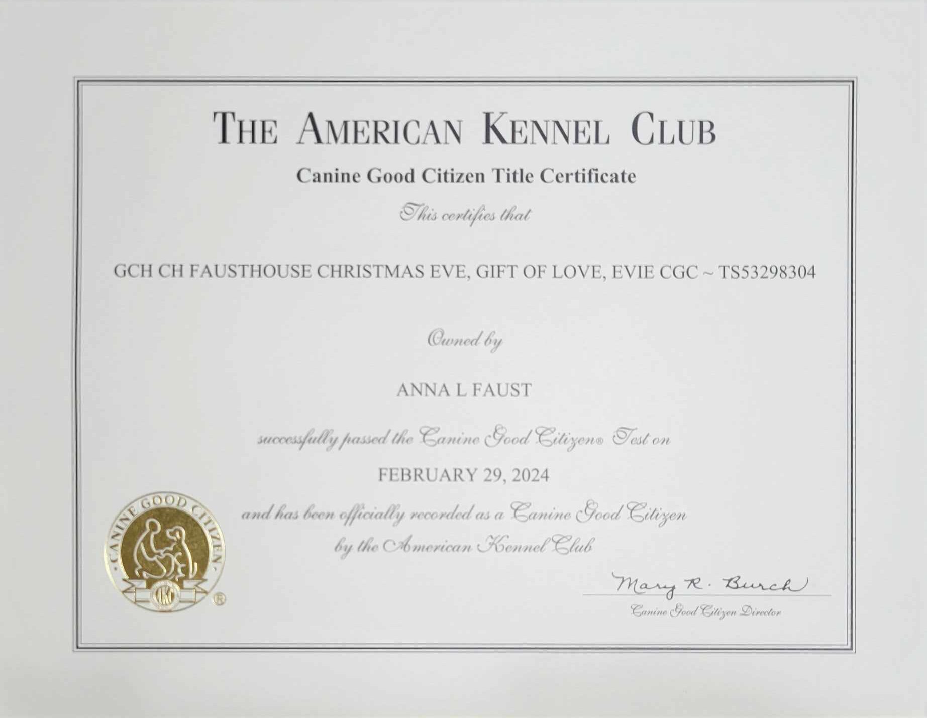 Evie's CGC Title Certificate
